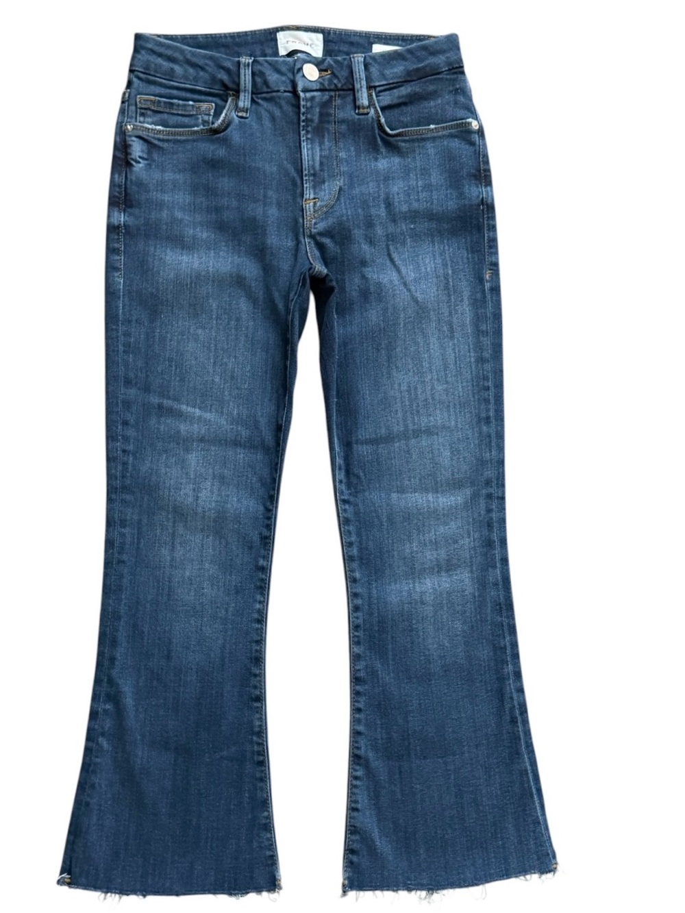FRAME Le Crop Mini Boot Jeans 27 Orlena Blue Wash Raw Hem Cropped Flare Denim
